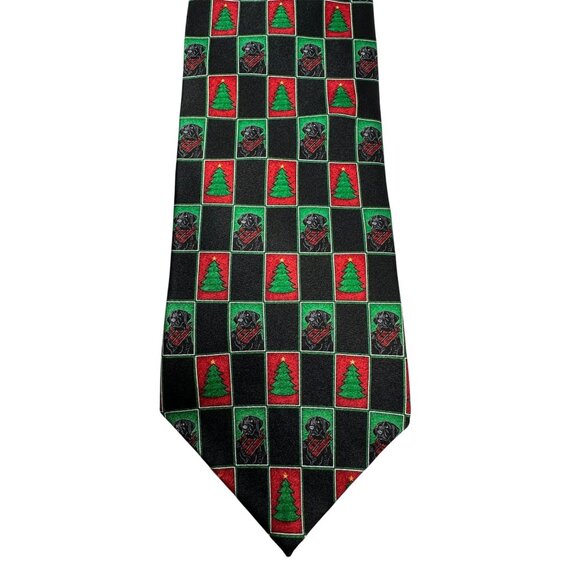 Tango Christmas Novelty Tie Black Green Red Labrador & Tree Print Silk - Picture 1 of 6